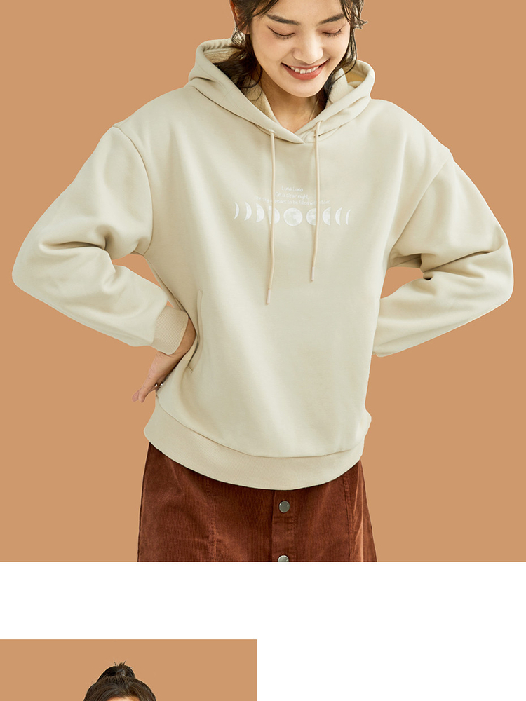 佐丹奴giordano女装加绒月食印花宽松连帽套头卫衣0539179002浅卡其色