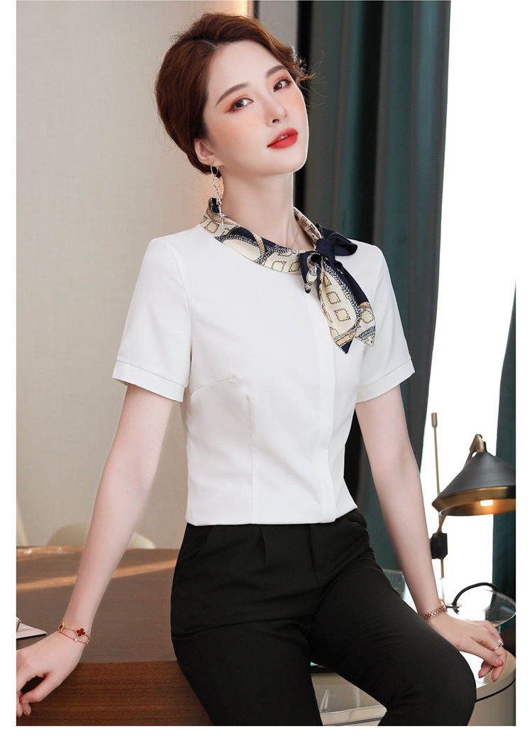 女职业装美容教师空姐员工装制服修身飘带ol上衣夏白色蓝领衬衫xxl