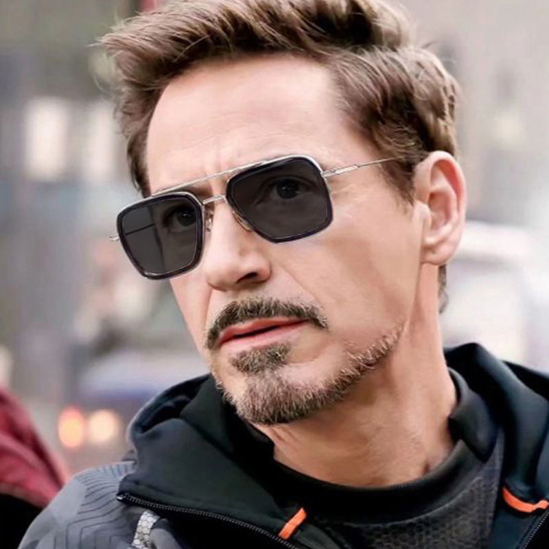 新款钢铁侠欧美太阳镜男士潮流眼镜时尚方框唐尼同款墨镜 银框黑圈