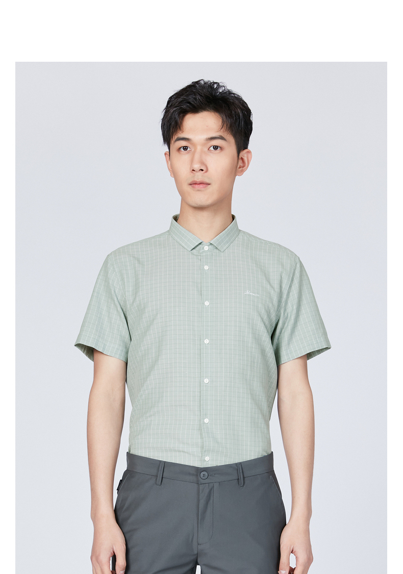 利郎棉麻短袖衬衫男士2021夏季新款含莱赛尔36%小格纹刺绣衬衣 浅蓝