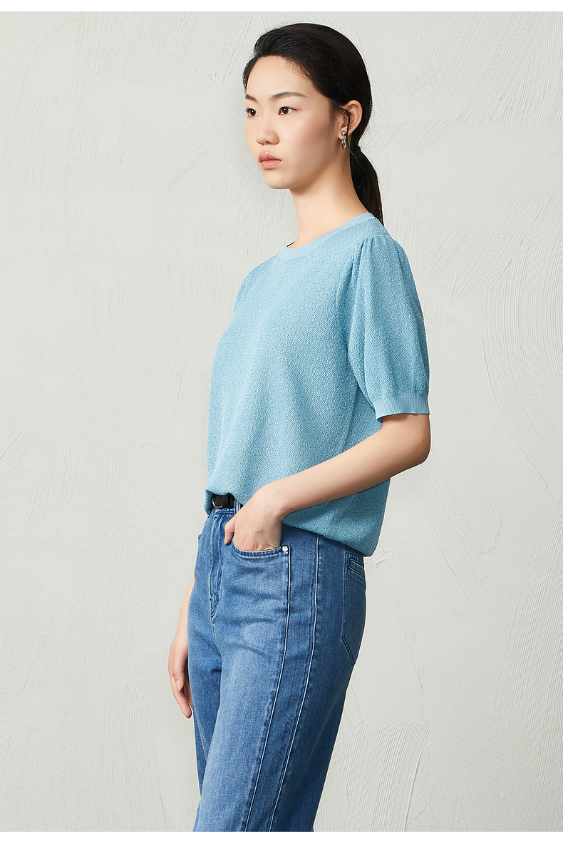 ott原创轻奢女装2021早秋新品浅冰蓝色五分袖套头衫t恤上衣女 纯色浅