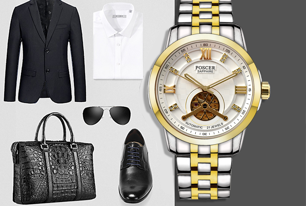 宝时捷poscer全自动机械表男表精钢镂空男士商务个性表盘防水保时捷