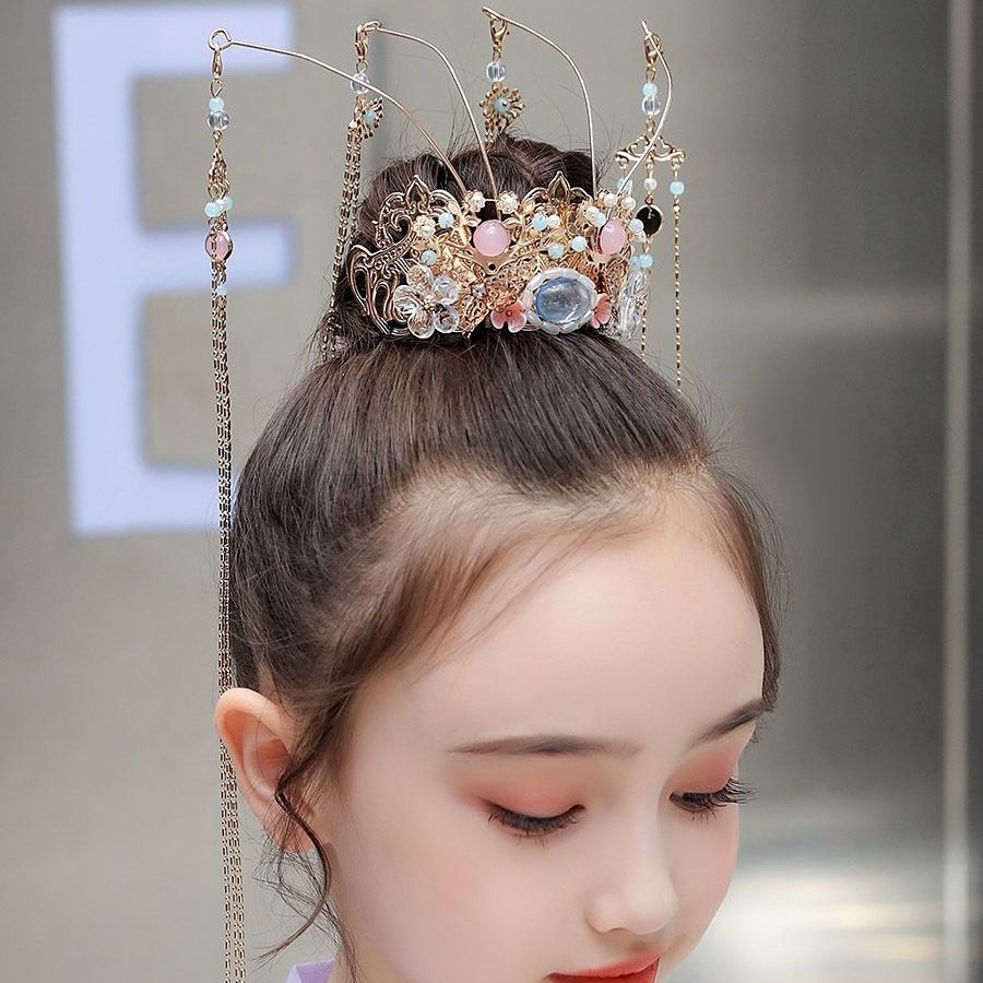 汉服头饰头冠儿童凤冠女童发饰超仙古装发冠长流苏演出皇冠中国风 发