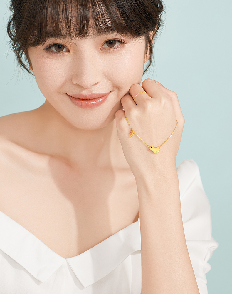 六福珠宝网络专款足金北极熊珐琅硬金工艺黄金项链套链含延长链定价