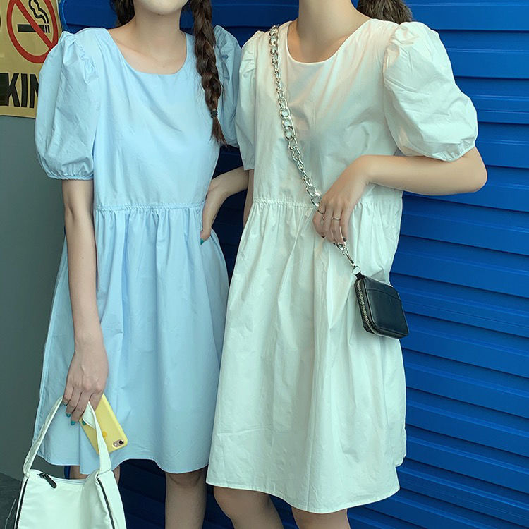 新款夏季韩版法式泡泡袖连衣裙学生超仙闺蜜裙子ins白色宽松版m105115