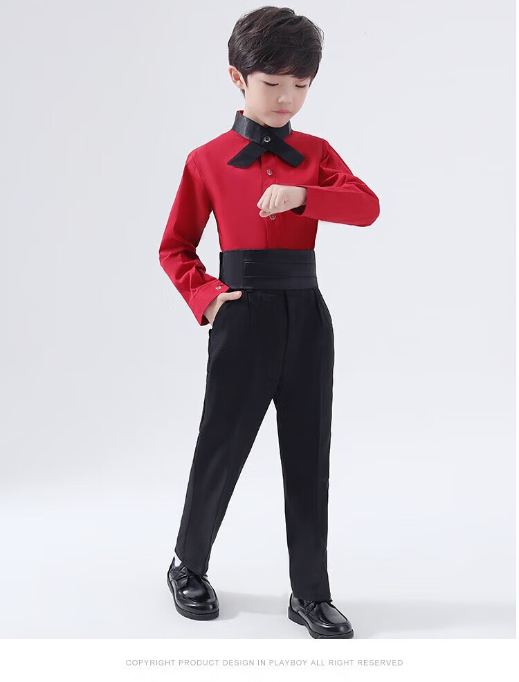 中国风古装演出服儿童礼服男童模特走秀服装中式婚礼立领男孩衬衫 酒
