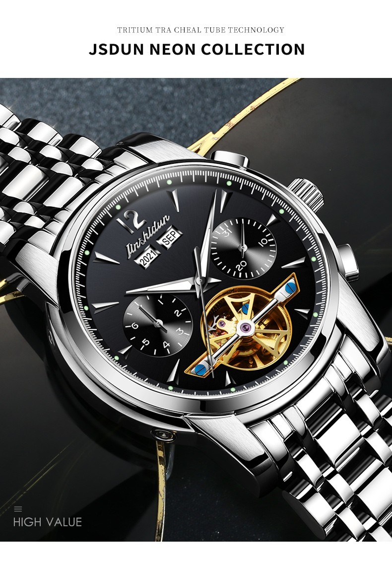 瑞士认证品牌金仕盾手表男全自动机械表时尚陀飞轮男表多功能运动夜光