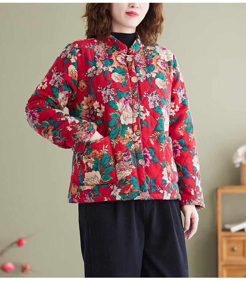 东北花棉袄外套女大花袄民族风棉衣棉服女中年秋冬女装加绒加厚 红色