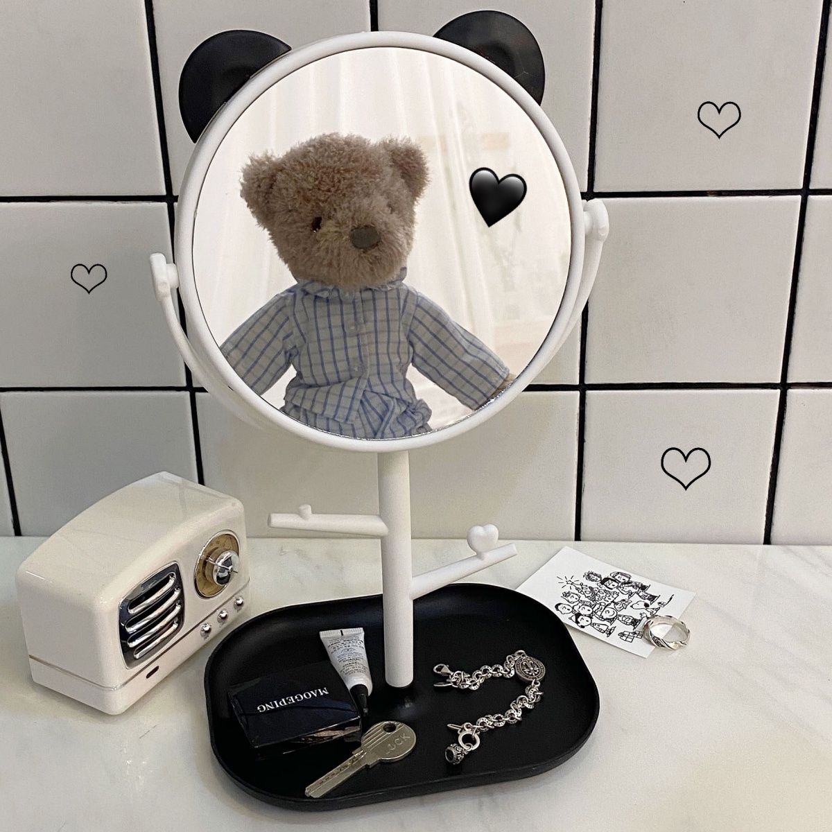 ins风网红少女心桌面台式化妆镜宿舍可爱公主镜旋转收纳梳妆镜子 黑白