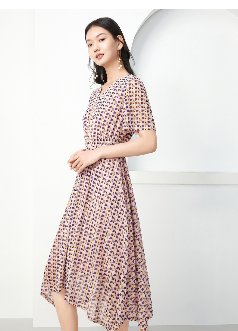 juzui/玖姿2021夏季新款粉紫色v领收腰不规则长款女连衣裙 花粉红 l