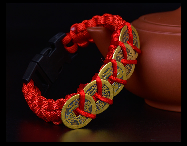 fandizi五帝钱真品手链纯铜编织绳红绳五帝铜钱手串随身佩戴携带男女