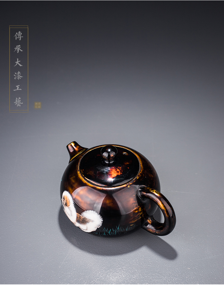 吾和漆器茶具名家手作连宏达手工犀皮建盏壶大漆中式家用泡茶壶黑色狗