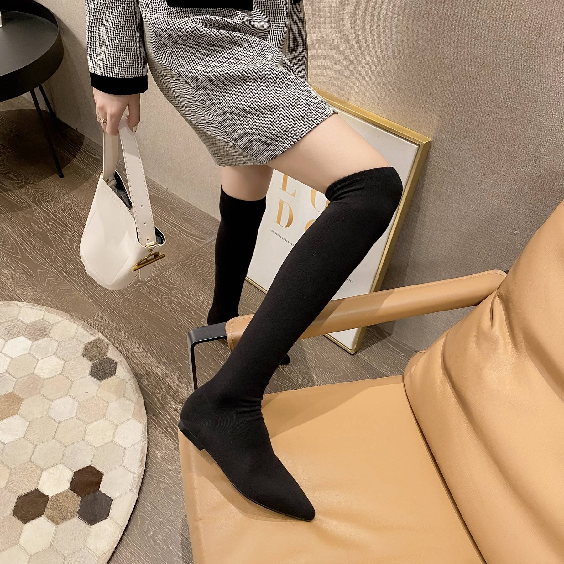 plover袜子靴女2021年秋冬新款弹力长筒靴过膝平底加绒瘦瘦靴针织高筒