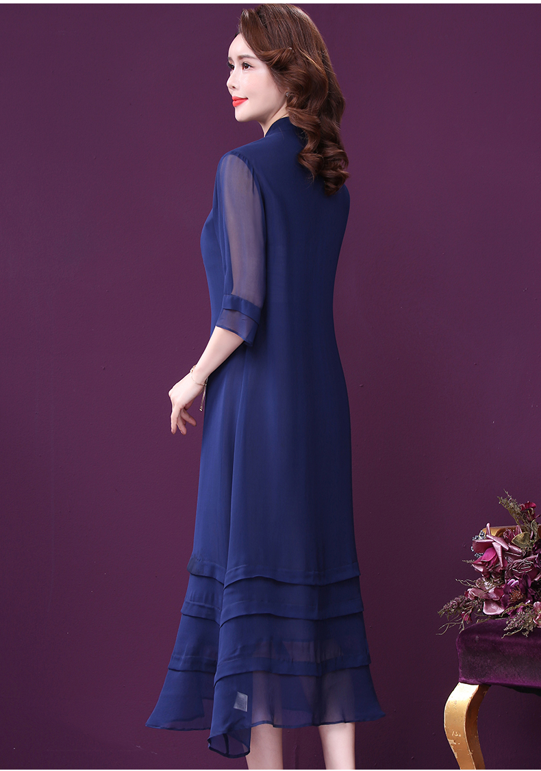 王小鸭阔太太双绉杭州真丝连衣裙女2021春新款宽松手工刺绣藏青l