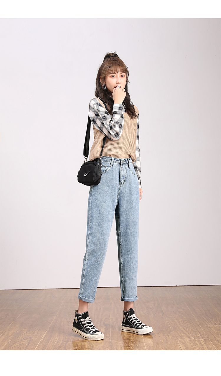 牛仔米白色裤子女春秋加绒裤直筒宽松老爹烟管裤高腰哈伦萝卜裤冬纯