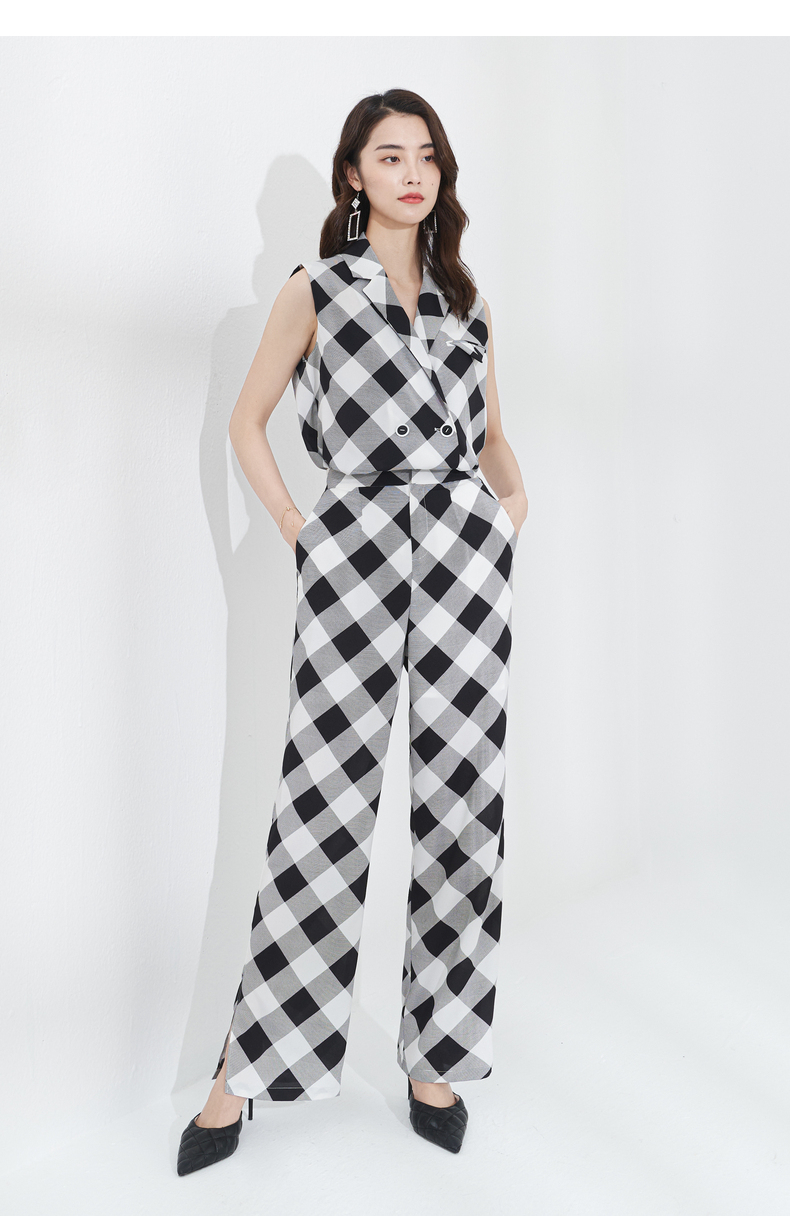 芭蒂娜线上专享2021春新款撞色格子时尚洋气减龄百搭阔腿裤x0a黑套白m