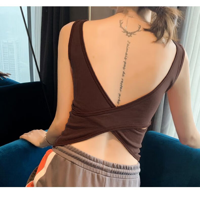 卡卡美背露背内衣带胸垫运动内搭美背吊带小背心女夏外穿打底焦糖色