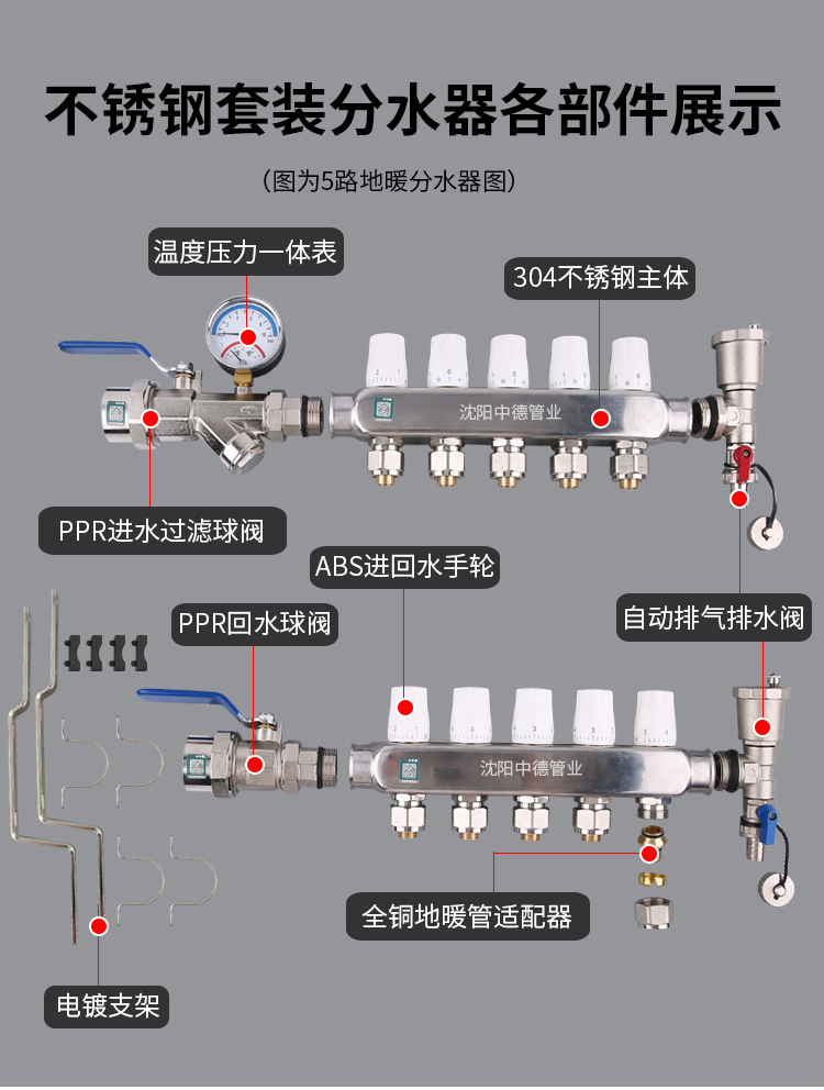 不锈钢大流量分水器地暖家用地热暖气阀门配件4路5路6路兴中德2路