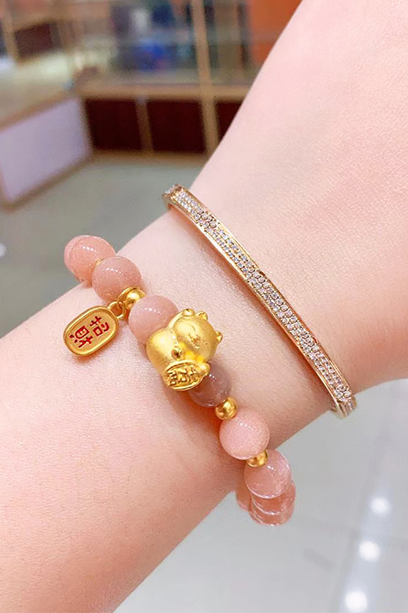 老凤凰手链女款999足金转运珠太阳石水晶珠子小福牌手链手串 4金珠