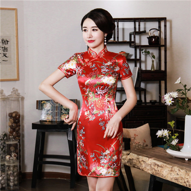 女】旗袍春新款短款改良复古修身日常走秀中长款旗袍连衣裙 玫红色