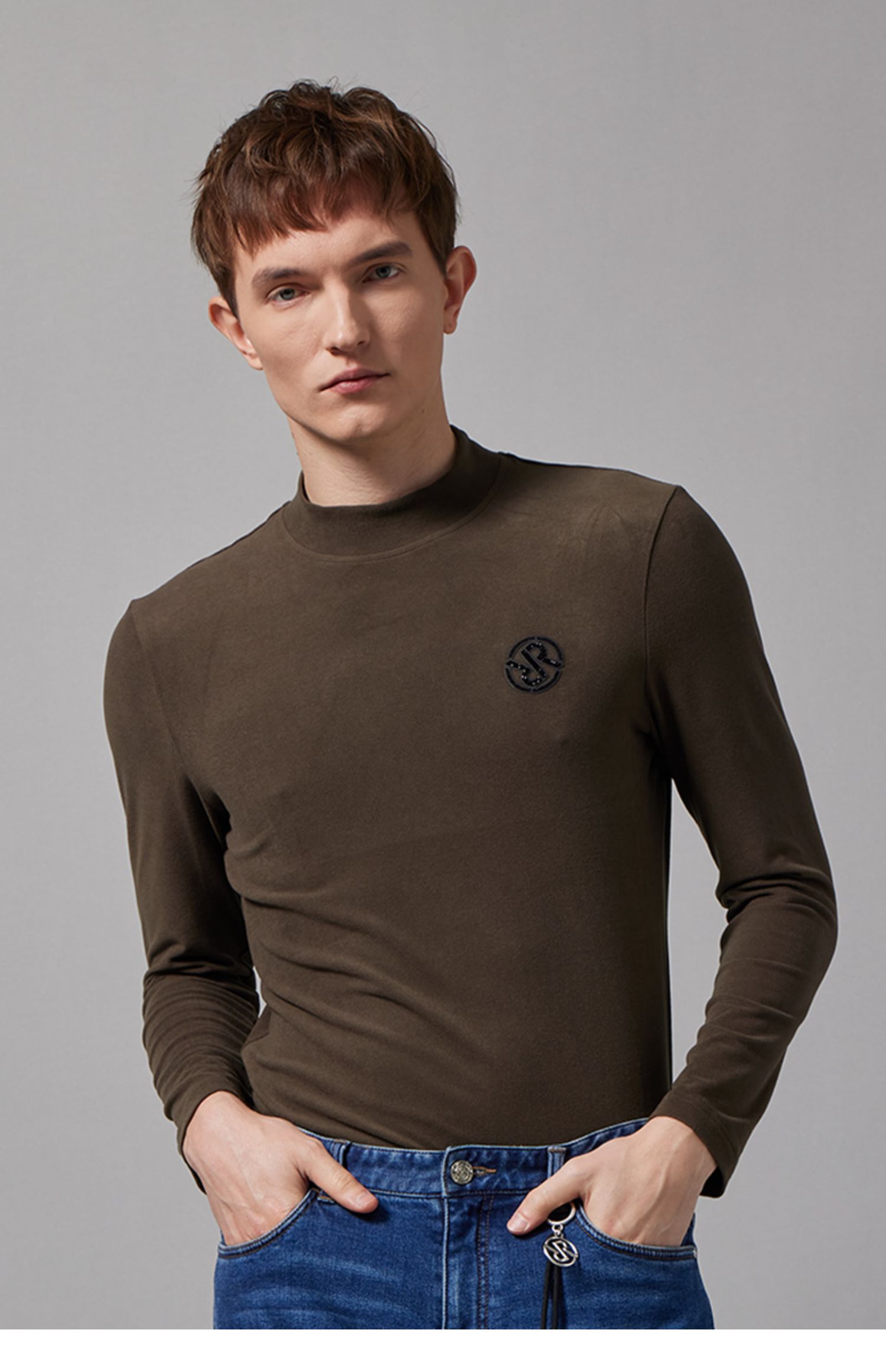 rare 威雅 男装 男士 绿色 绒面logo 长袖 t恤 军绿色 46【图片 价格