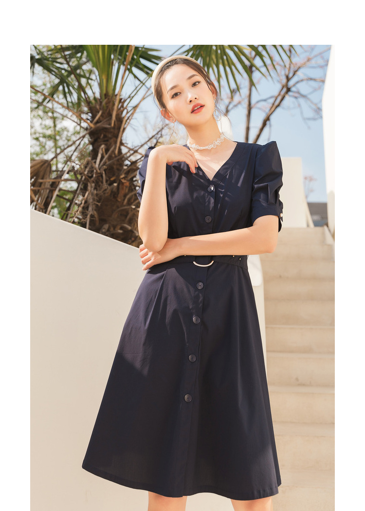 藏青复古高级感v领泡泡袖单排扣连衣裙女kall333b66
 藏青色(m0)