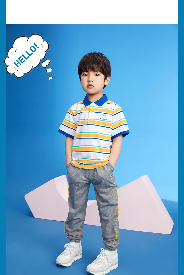 hla海澜之家hla/海澜之家哆啦a梦童装polo衫撞色条纹新疆棉上衣儿童hn