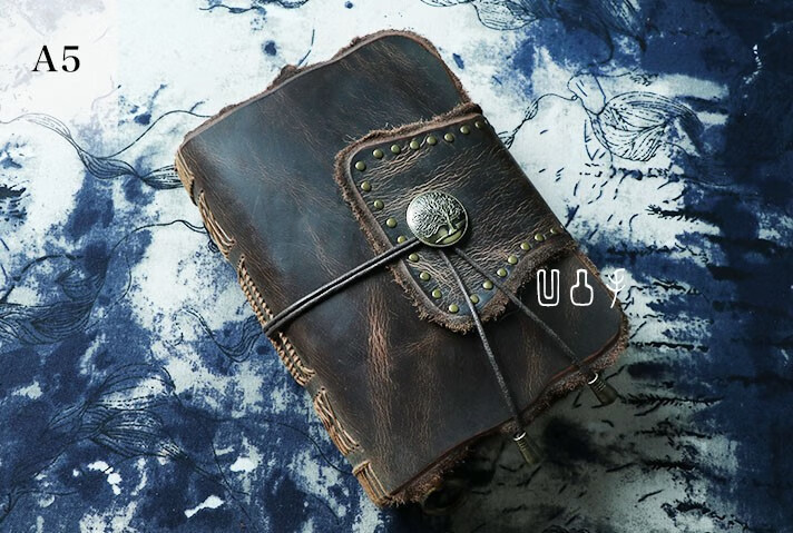 zanyang 线装魔法书牛皮笔记本自然毛边疯马皮铜扣复古加厚a5a4文艺