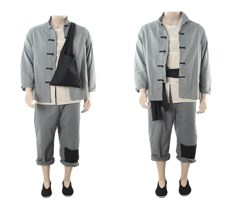 农民服装民国马褂男古装风小二粗布土衣服乳白色仿羊毛褂黑裤165码