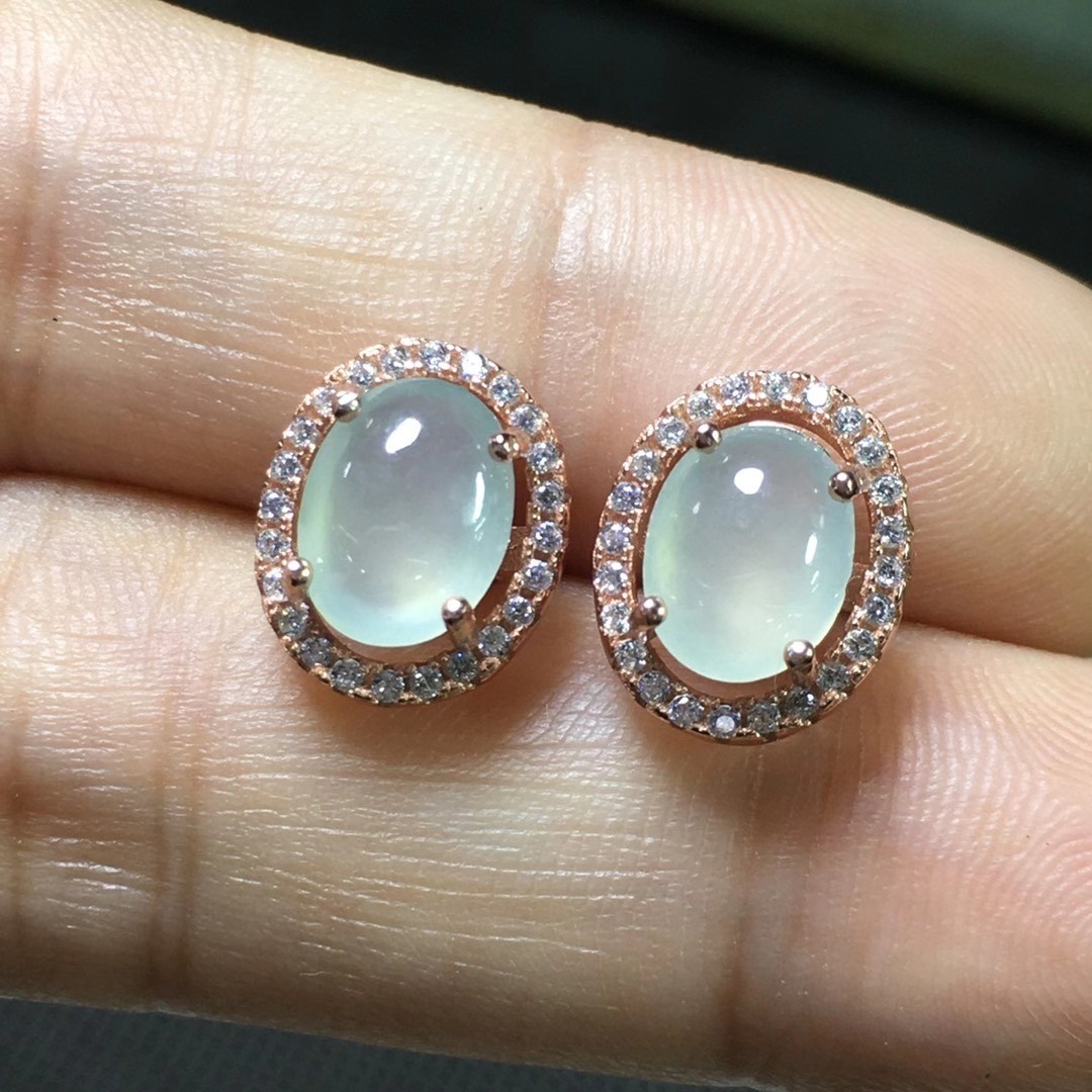 时乾 天然冰种a货翡翠耳钉女 白色蛋面冰透s925纯银镶嵌镀18k金缅甸