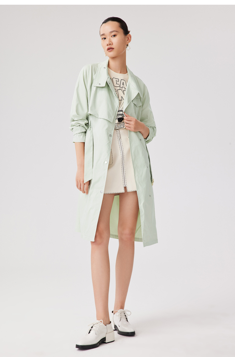 lily秋新款女装设计款复古双层领显瘦帅气绑带气质长款风衣303浅绿m