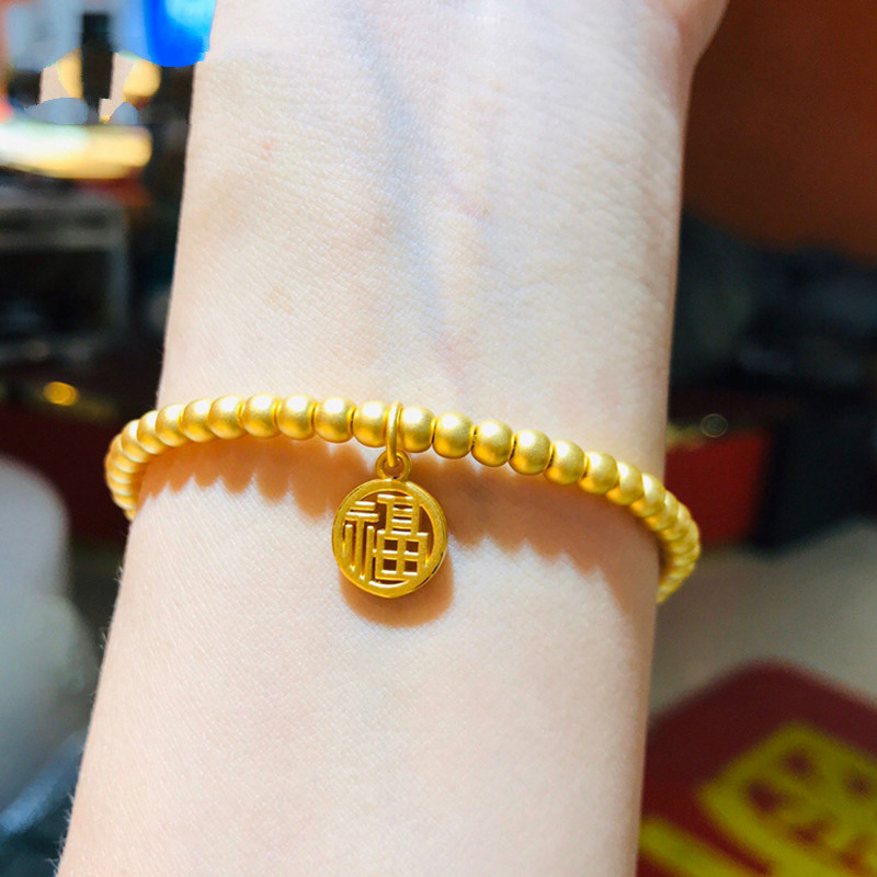 精选好货礼品老鳯祥云同款古法金珠手链黄金女999足金小福牌光转运珠