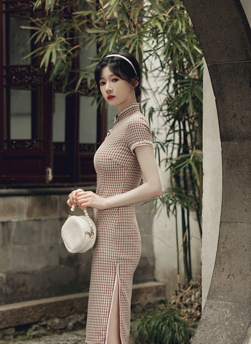 素卷(sujuan)春夏新款棉麻格子改良版旗袍 少女款年轻款民国风短款