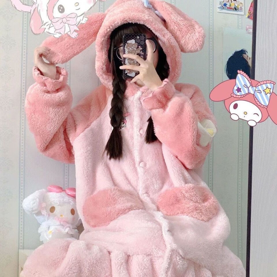李子键可爱甜美少女美乐卡通睡袍珊瑚绒睡衣女冬加厚法兰绒家居服睡裙