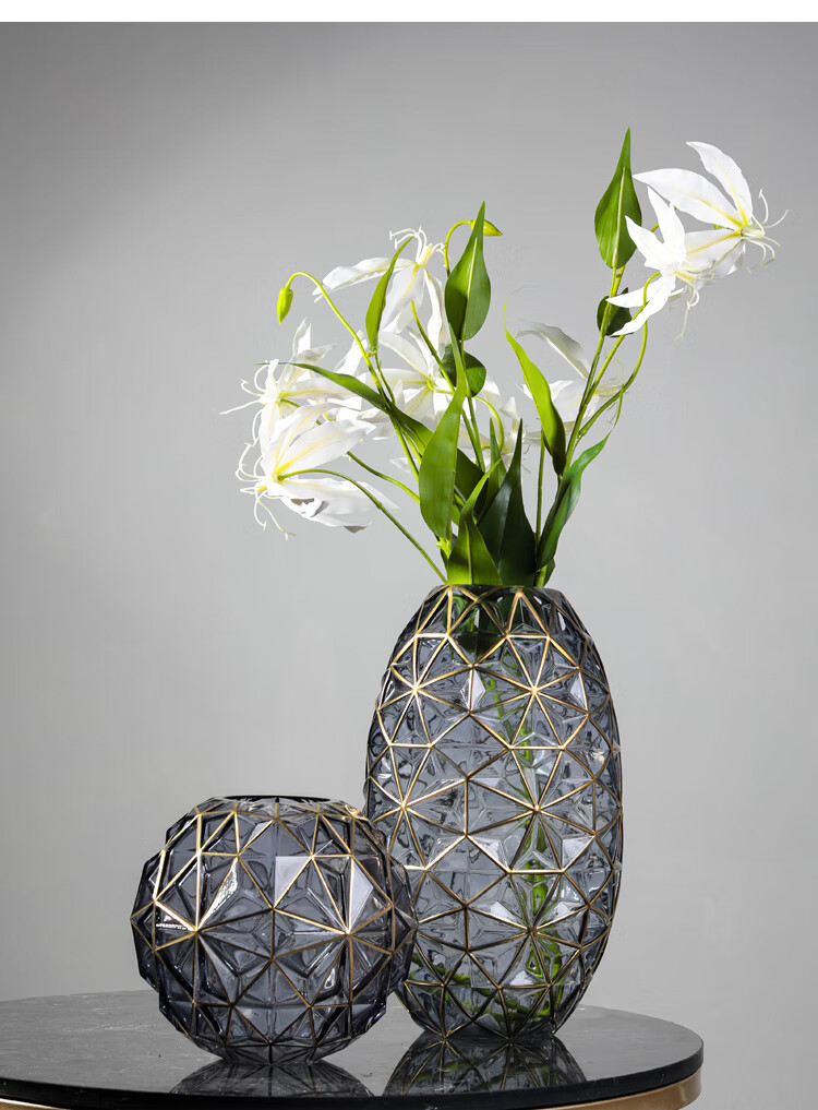 轻奢简约描金边玻璃花瓶摆件客厅餐厅桌面样板间软装仿真花插花容器