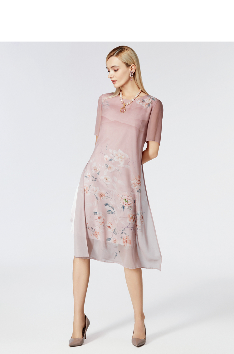 欧柏兰奴春夏季新款连衣裙圆领短袖印花中国风桑蚕丝连衣裙女oaxl7190