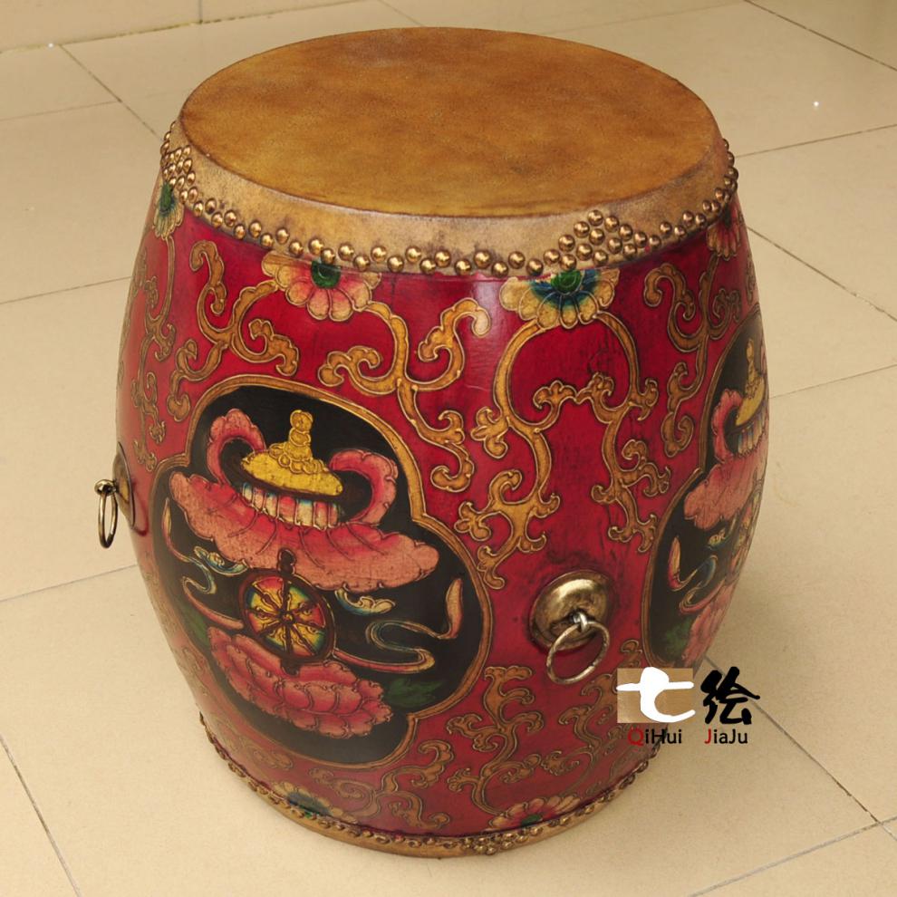 圆凳子新中式客厅小鼓凳防古圆凳彩绘实木凳子牛皮圆鼓凳古筝凳鼓凳鼓