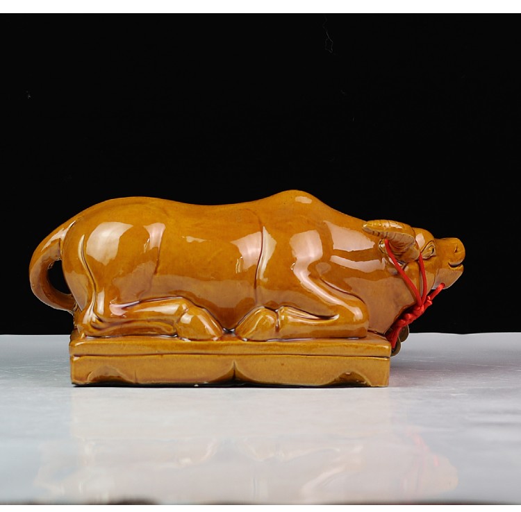 新品风水陶瓷卧牛摆件华尔街家居客厅转运工艺礼品大装饰大号棕色五帝