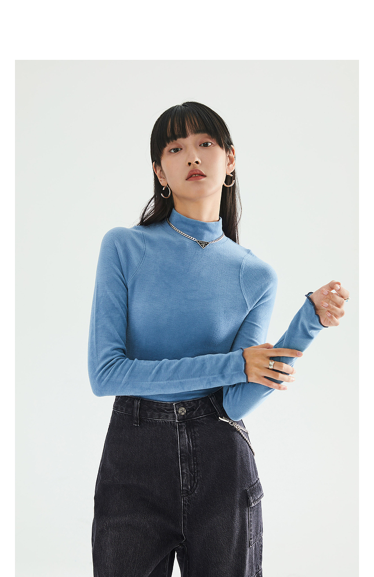 新款女半高领修身简约好搭复古显瘦设计感长袖t恤【w1813618】 海雾蓝