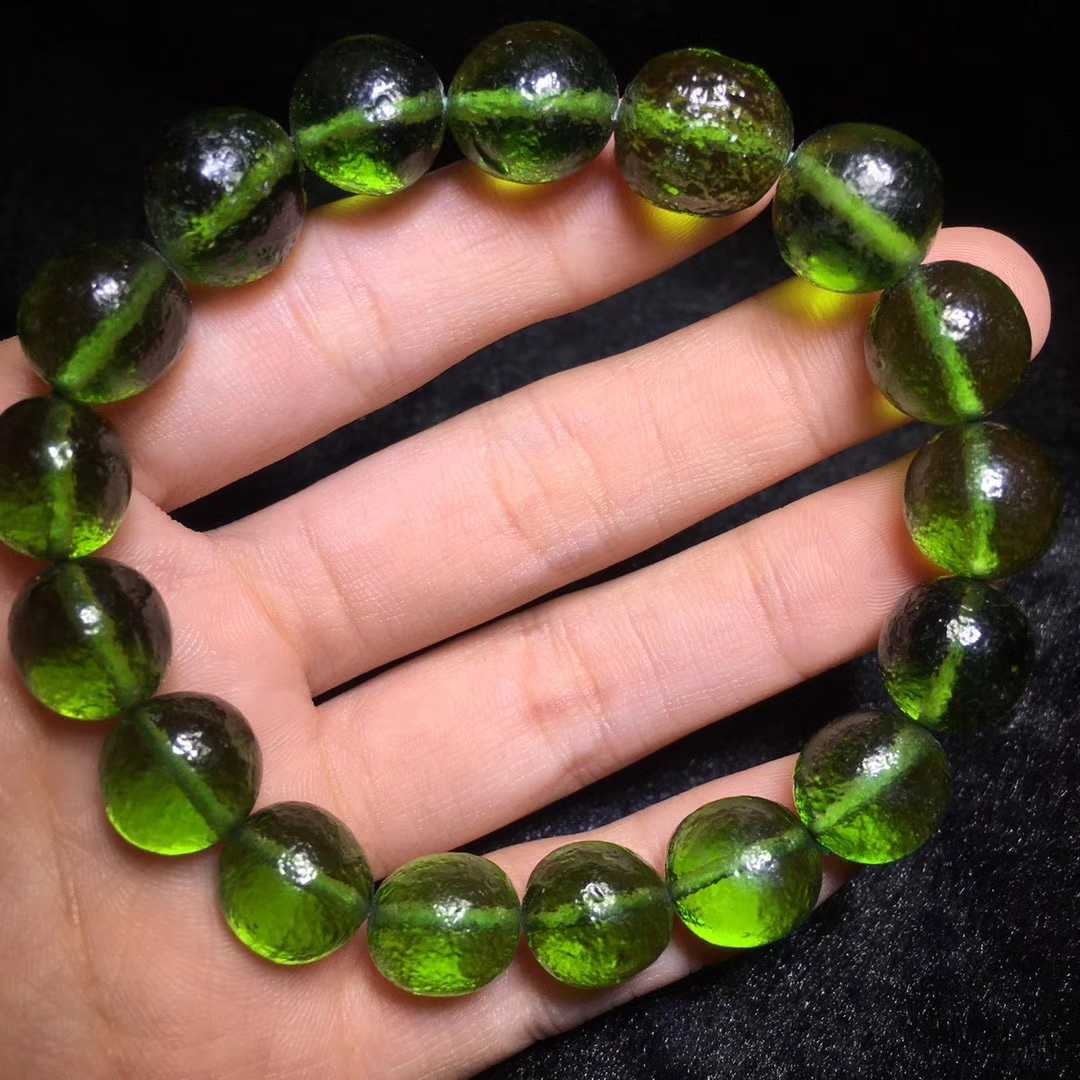 兰嘉丝汀 正品捷克陨石 原石随行手串手链消除忧郁可聚财绿陨石 圆润