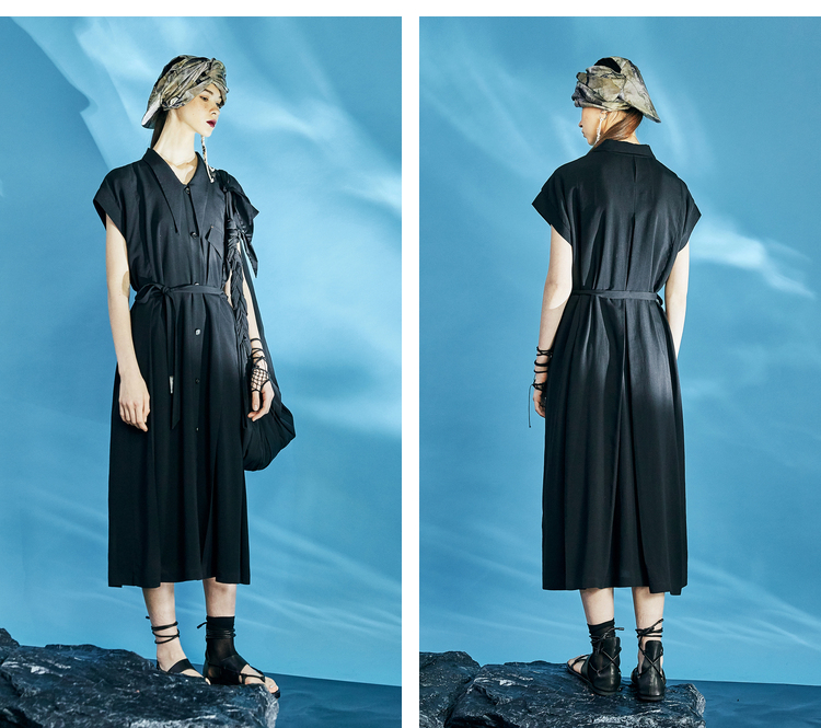 日着原创设计感女装2021夏新款宽松短袖衬衫领小众裙子女连衣裙孤岛黑
