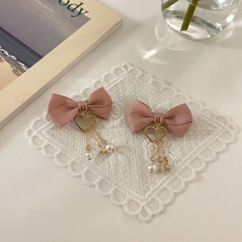 原创手工饰品红色黑色对夹蝴蝶结流苏星星少女软妹发夹对夹发饰随机