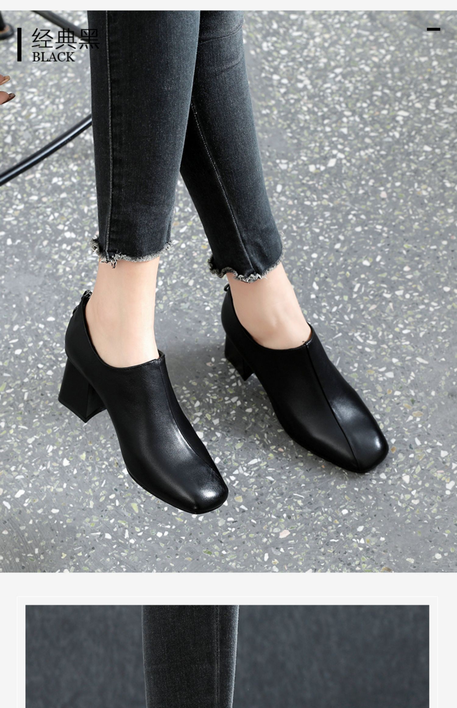 红蜻蜓品牌方头单鞋女年新款深口高跟鞋春季女士小皮鞋粗跟女鞋春秋