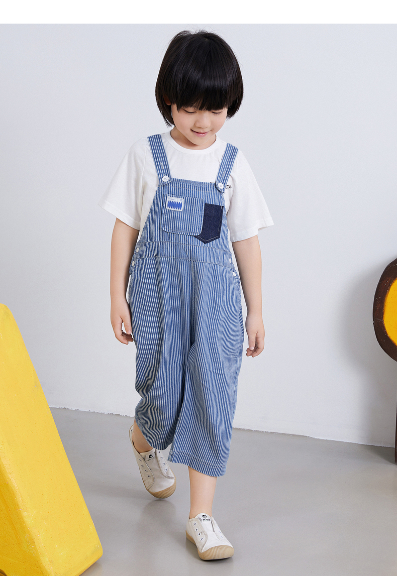 马拉丁童装男女大童背带裤2021夏季新款蓝白条纹直筒休闲裤牛仔裤