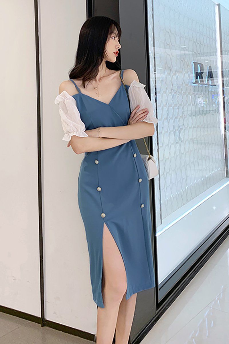 露肩v领开叉吊带连衣裙炸街 御姐风裙子新款礼服泡泡袖双排扣 蓝色 m