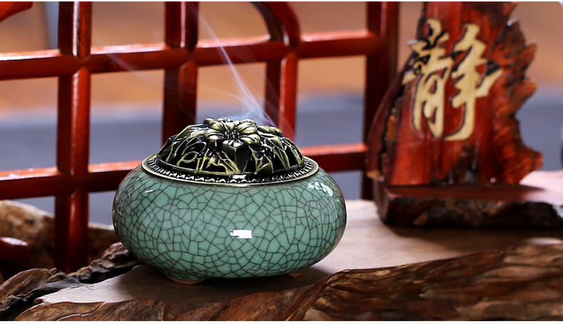 香炉家用室内檀香炉铜盘香仿古陶瓷摆件沉香薰香炉香道小香薰炉 哥窑