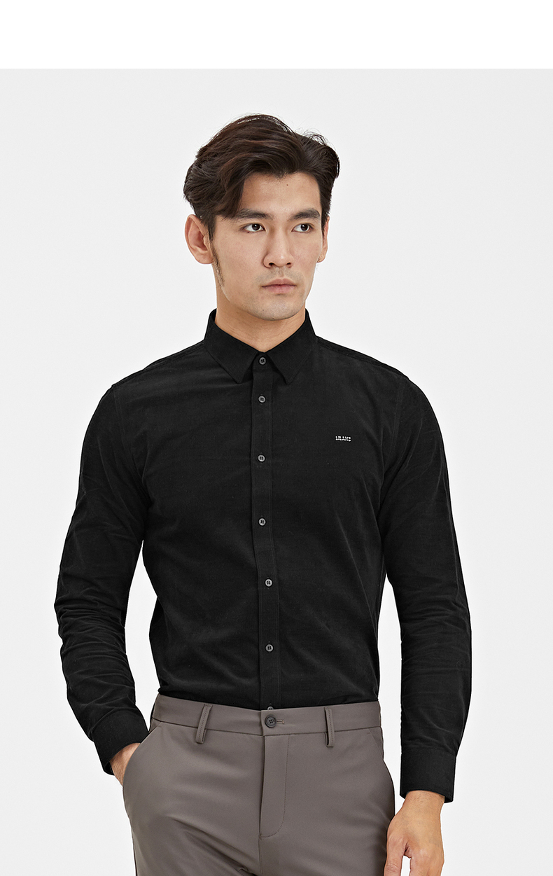 利郎男装衬衫男长袖复古灯芯绒时尚2021秋季新款时尚商务男衬衣 藏青