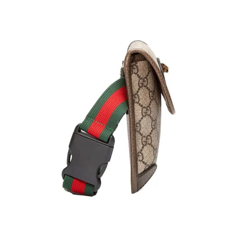 gucci古驰neovintage金属虎头装饰老花logo条纹织带肩带帆布拼皮腰包
