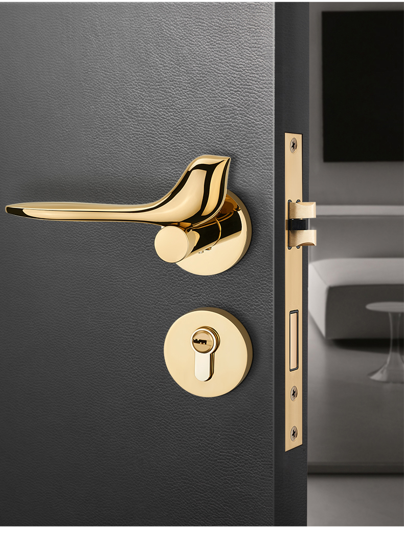 雷鸟pvd金色静音门锁室内轻奢简约卧室房门锁实木北欧现代分体锁复古