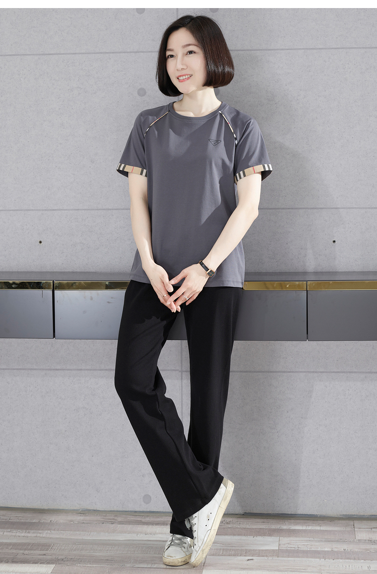 印花短袖插肩袖纯色拼接2022新款夏装黑色宽松女上衣外穿t恤高级灰m